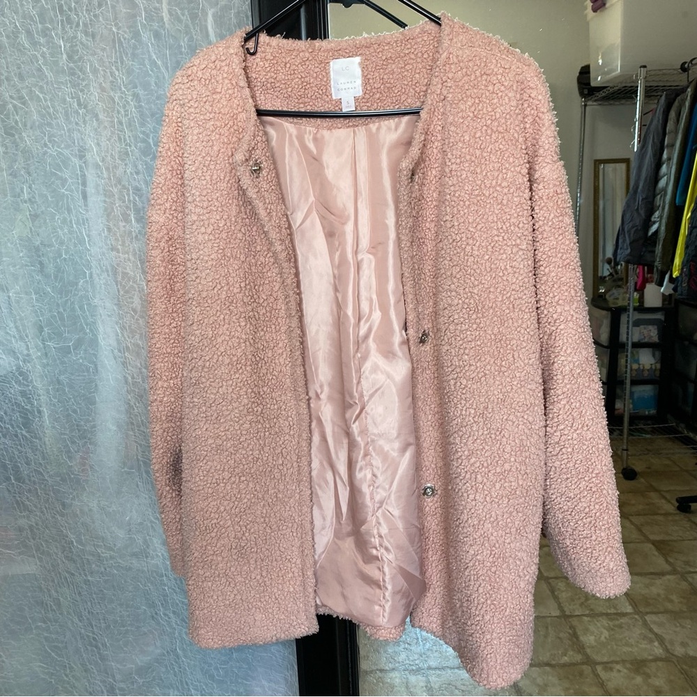 Lauren Conrad S Mid Length  Pink Teddy Fleece Jacket Snap Button